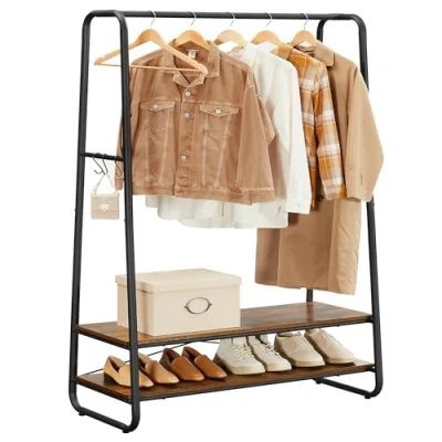 Abbildung von VASAGLE Kleiderständer, Garderobenständer, Garderobe, 2 Ablagen, 6 Haken in S Form, Stahlgestell, für Schlafzimmer, Flur, Eingangsbereich, vintagebraun schwarz RGR112B01