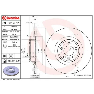 Abbildung von BREMBO 09.C819.11 Bremsscheibe 363 33 5 innenbelüftet beschichtet hochgekohlt LAND ROVER: Range Rover 4, Sport, Discovery