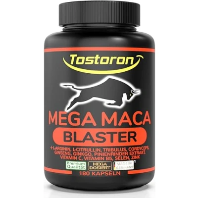 Abbildung von TOSTORON MEGA MACA BLASTER hochdosiert hol dir jetzt den HAMMER direkt nach Hause! 180 Kapseln SCHWARZ, L Arginin + Citrullin, Tribulus, Cordyceps, Pinie, Selen, Zink 1 Dose (1x158,4g)