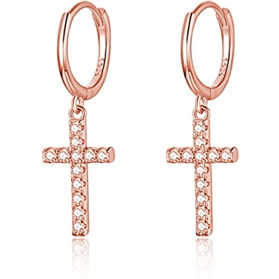 Abbildung von 925 Sterling Silber Creolen mit Anhänger 14K Vergoldet I Ohrringe für Damen, Mädchen und Frauen Kreolen hängend Steinen Kreuz (Rosegold)