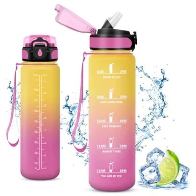 Abbildung von Vikaster Sport Trinkflasche, Water Bottle with Straw 1 Litre, Trinkflasche Leak Proof, BPA Free, Sportflasche für Camping, Yoga, Gym, Schule, Outdoors