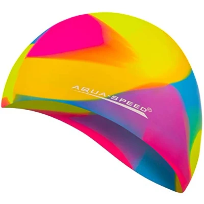 Abbildung von Aqua Speed Bunt Badekappe + Kleines Mikrofaserhandtuch Damen &amp; Herren Schwimmhaube für Mädchen Jungen Bademütze Sport Badehaube wasserdicht Silikon 51. / 53
