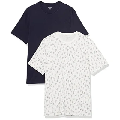 Abbildung von Amazon Essentials Herren Kurzärmeliges T Shirt mit Rundhalsausschnitt aus Baumwolle Regular Fit, 2er Pack, Marineblau/Weiß Bootsmuster, L