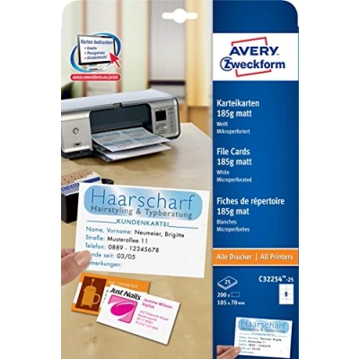 Abbildung von AVERY Zweckform C32254 25 Karteikarten ( blanko, beidseitig bedruckbar, matt weiß, extra feine Mikroperforation, Blatt) zum Selbstbedrucken auf allen Druckern