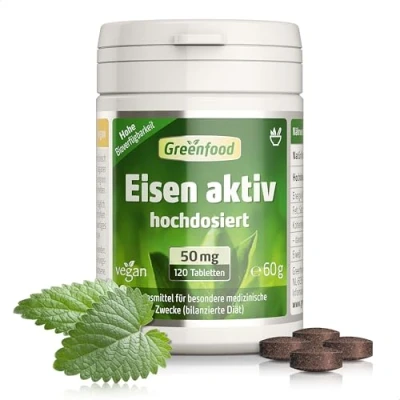 Abbildung von Eisen aktiv, 50 mg, extra hochdosiert, 120 Tabletten, hohe Verfügbarkeit, hervorragende Verträglichkeit, vegan wichtig für Blutbildung, Energie und Immunsystem. OHNE künstliche Zusätze.