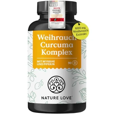 Abbildung von NATURE LOVE® Weihrauch Kurkuma Kapseln 90 Stück 600mg Extrakt davon 360mg Boswellia mit Myrrhe Vitamin C hochdosiert &amp; vegan laborgeprüft und hoch bioverfügbar