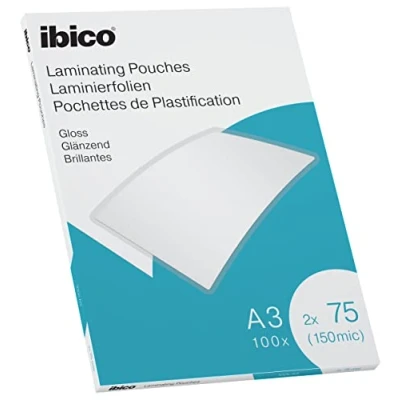 Abbildung von Ibico Laminierfolien A3 150 Mikron (2 x 75 mic), 100 Stück, Glänzende Heißlaminierfolien, Abgerundete Ecken, Dünn und transparent, Kristallklar, Ideal für Zeichnungen Plakate, 627319