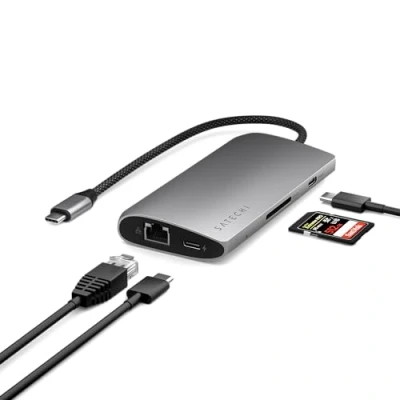 Abbildung von SATECHI USB C Hub Multiport Adapter V3, 8 in 1 Dongle mit 8K HDMI, 85W PD Charging, 4 Datenports, Ethernet, SD Kartenleser für Mac, Windows Space Grau