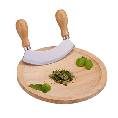 Abbildung von Relaxdays Wiegemesser mit Brett, einschneidige Klinge für Kräuter, Mulde, Edelstahl &amp; Bambus, HxD: 2 x 20 cm, natur, Silber