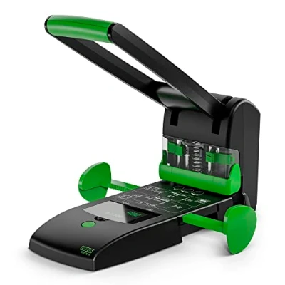 Abbildung von Novus B 2200 re+new nachhaltiger Blocklocher (200 Blatt, Zwei und Vierfach Lochung, Vollmetallgerät mit Kunststoffummantelung aus 78% recyceltem Kunststoff) schwarz grün
