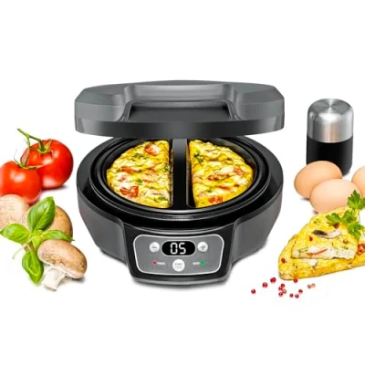 Abbildung von ROMMELSBACHER Omelett Chef OM 950 Cool Touch Gehäuse, extratiefe Backmulden für 2 Omeletts, Antihaftbeschichtung, 20 Min. Zeitschaltuhr, LED Display, Kontrolllampen, Überlaufrinne, Watt