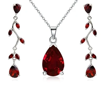 Abbildung von Crystalline Azuria Tropfenform Schmuck Set mit Rot Zirkonia Kristalle Halskette Anhänger 45 cm Ohrringe 18 kt Weiß Vergoldet für Damen