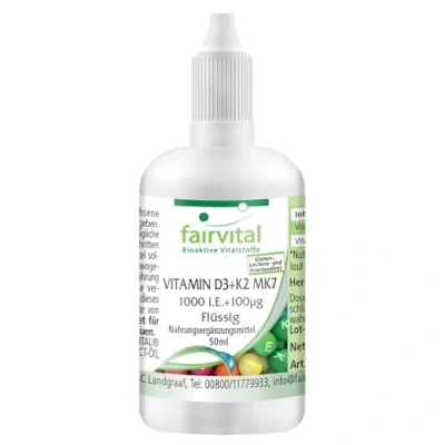 Abbildung von Fairvital Vitamin D3+K2 Tropfen 50ml All Trans MK7 hoch bioverfügbares D3 qualitätsgeprüft und hochdosiert 100% vegan Made in Germany