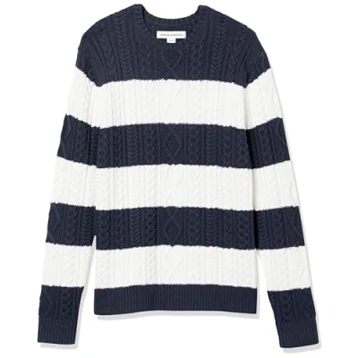 Abbildung von Amazon Essentials Herren Pullover mit Langen Ärmeln und Rundhalsausschnitt aus 100% Baumwolle Zopfmuster, Marineblau Weiß Rugby Streifen, XL