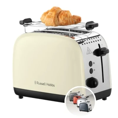 Abbildung von Russell Hobbs Toaster [für 2 Scheiben] Colours Plus Edelstahl Creme (extra breite Toastschlitze, inkl. Brötchenaufsatz, 6 Bräunungsstufen + Auftaufunktion, Lift &amp; Look Funktion, 1600W) 26551 56