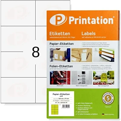 Abbildung von Printation 105 x 74 mm Universal Etiketten selbstklebend bedruckbar weiß 25 DIN A4 Bogen zu 2x4 / 8 pro Blatt 200 Adressetiketten 105x74 Adress Aufkleber Internetmarke rechteckig