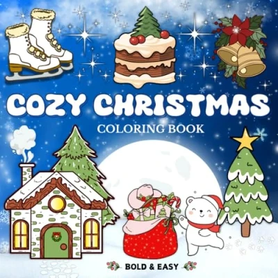 Abbildung von COZY CHRISTMAS: Coloring Book for Adults and Teens, with holiday decorations, festive objects Animals; Bold Easy designs relaxing.