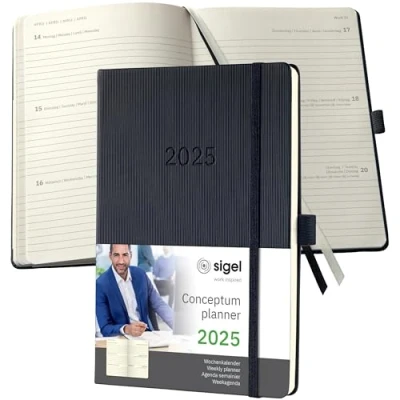 Abbildung von SIGEL C2512 Terminplaner Wochenkalender 2025, ca. A5, schwarz, Hardcover, 192 Seiten, Gummiband, Stiftschlaufe, Archivtasche, aus nachhaltigem Papier, Conceptum