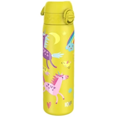 Abbildung von ion8 Stahl Trinkflasche, 600 ml, Auslaufsicher, Einhandöffnung, Sichere Verriegelung, Spülmaschinenfest, Klappdeckel, Tragegriff, Leicht zu Reinigen, Langlebig, Gelb Einhörner