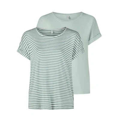 Abbildung von ONLY Damen O Neck Top T Shirt Moster 2er Pack Basic Kurzarm Rundhals Regular Fit Oberteil Sommer Streifen Blau Rose Grün Schwarz XS S M L XL XXL, Größe:XL, Farbe:Jadeite w/cd Stripes