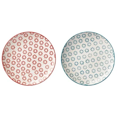 Abbildung von Bloomingville Teller Isabella Retro Dessertteller Frühstücksteller Vintage Kuchenteller rund ø 20 cm, rot blau, Keramik, 2er Set