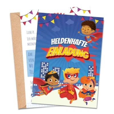 Abbildung von MeinBaby123® 10 Einladungskarten Kindergeburtstag Jungs süße Geburtstagseinladungen für Kinder Superhelden inkl. Briefumschläge Premium Qualität (Superhelden V1)