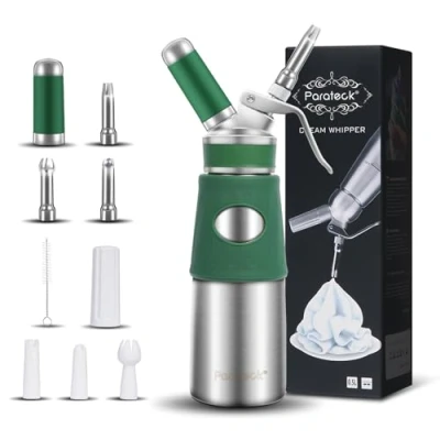 Abbildung von Parateck Sahnespender 500ml Schlagsahnebereiter Edelstahl Sahnesyphon mit Sprühdüsen Reinigungsbürste (Grün)