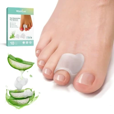 Abbildung von Welnove 10er Pack Gel Zehenspreizer Zehenstrecker mit Aloe Vera Extrakt, überlappend, Hammerzehen, Ballenentlastung weicher Silikon Zehenkorrektor für Männer und Frauen(6M+4S)