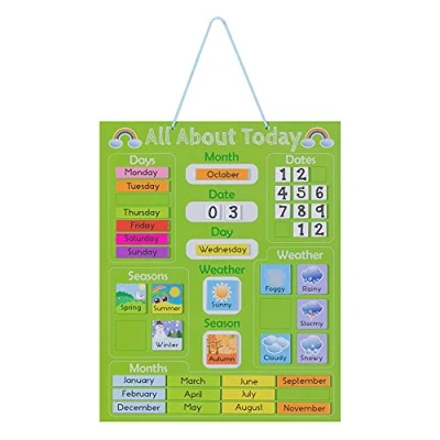 Abbildung von Navaris Kalender Tafel für Kinder Lerntafel Jahreszeiten Uhr Magnet Spiel Lernuhr Kinderkalender Jahreskalender magnetisch grün Englisch
