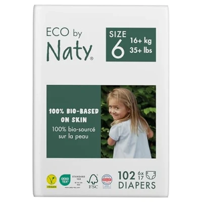 Abbildung von Eco by Naty Baby Öko Windeln umweltfreundliche Premium Bio aus pflanzenbasierten Materialien, ideal für empfindliche Babyhaut (Größe 6 102 Stück) MONATSBOX