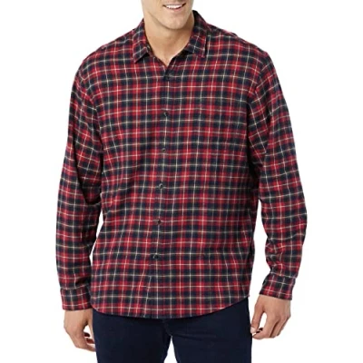 Abbildung von Amazon Essentials Herren Langarmhemd aus Flanell (in Übergröße erhältlich), Dunkelrot Karomuster, S