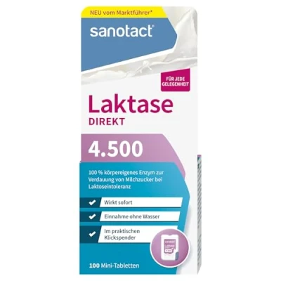 Abbildung von sanotact Laktase Direkt 4.500 Mini Tabletten 100 Stück Für Laktoseintoleranz Sofortige Wirkung Ohne Wasser einnehmbar Praktischer Klickspender