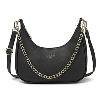 Abbildung von David Jones Damen Kleine Umhängetasche Frau Kette Schultertasche PU Leder Handtasche Kettenhenkel Crossbody Bag Trendy Tasche Mode Abendtasche Kettentasche Pochette Clutch Party Schwarz