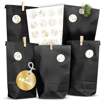 Abbildung von Amari ® Adventskalender zum Befüllen 24 Papier Adventstüten (mit Holzklammern) Basteln für Weihnachten Weihnachtstüten mit Zahlenaufkleber