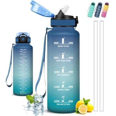 Abbildung von Trinkflasche 1 5 liter Sport, mit Strohhalm, Leicht zu Reinigen, Auslaufsicher, Kann dir Tragen, Zeitmarkierung, für Wandern, Camping