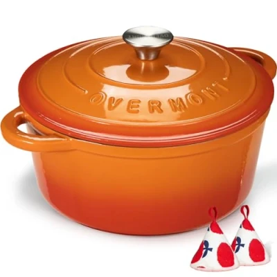 Abbildung von Overmont Bräter emaille Gusseisen Topf Schmortopf 28cm backofengeeignet mit Deckel und Kochbuch für Küche Backen Schmoren Braten Orange