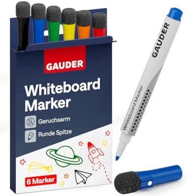 Abbildung von GAUDER Whiteboard Marker Set (6 Stück) Stifte Farben) trocken und rückstandsfrei abwischbar Dry Erase mit Schwamm ideal für Whiteboards Magnettafeln