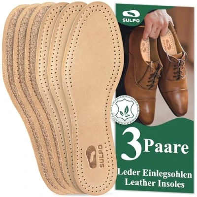 Abbildung von SULPO 3 Paare Einlegesohlen aus pflanzlich gegerbtem Leder Einlagen mit Naturkork gegen Schweißfüße für Damen und Herren anti Schweiß Geruchsabsorber Sohlen Kork
