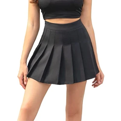 Abbildung von Hoerev Frauen Mädchen Kurze hohe Taille gefaltete Skater Tennis Schule Rock,Schwarz,36 / M