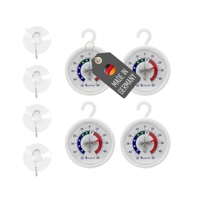 Abbildung von Lantelme 4 Stück Kühlschrankthermometer Temperatur 50C bis mit Saugnapf und Klebepad anbei Kühlschrank Thermometer Set Analog Bimetall Rund Ø 5,2cm Gefrierschrank Kühltheke Weinlager (4)