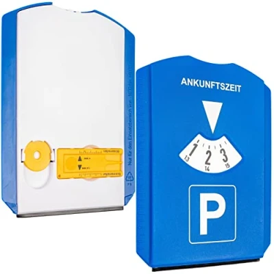 Abbildung von Parkscheibe mit Eiskratzer, 2 Stück, in Blau, Parkuhr inkl. Reifenprofilmesser und Einkaufswagenchip, für Auto, LKW, Wohnmobil, Parking Disc Blue, Parkscheiben, Parkkarte, Park Scheibe Ankunftszeit