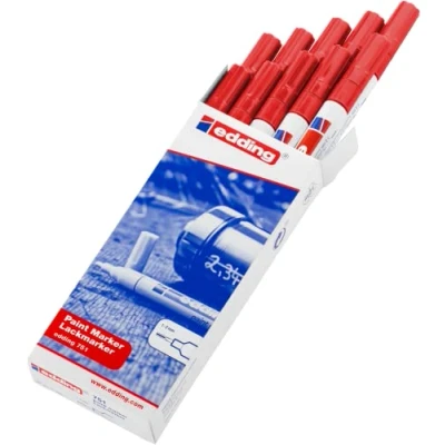 Abbildung von edding 751 Lackmarker rot 10 Stifte Rundspitze 1 2 mm Lackstift zur Markierung und Beschriftung von Metall, Glas, Stein oder Kunststoff hitzebeständig, permanent, wisch wasserfest