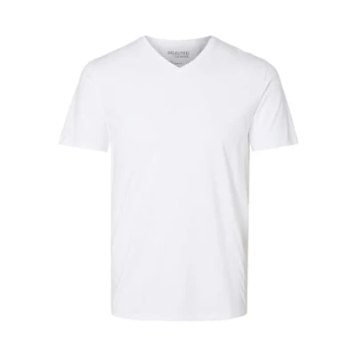 Abbildung von Herren Selected V Ausschnitt T Shirt Einfarbiges Basic Kurzarm SLHNEWPIMA Stretch Baumwolle, Farben:Weiß, Größe:S