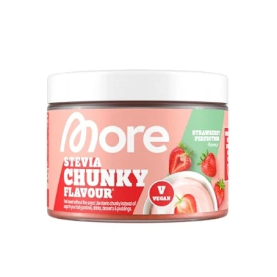 Abbildung von MORE Stevia Chunky Flavour, Strawberry Perfection, 150 g, vegan, Geschmackspulver zum Süßen, ohne viel Zucker und Kalorien, mit Inulin Laktase made in Germany