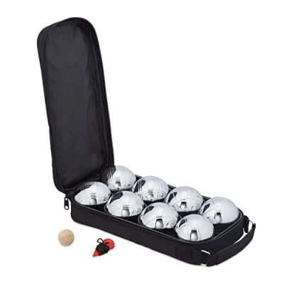 Abbildung von Relaxdays Lot de Pétanque Métalliques Boule, 8 Metall Kugeln, Set mit Zielkugel &amp; Abstandsmesser, Tragetasche, Boccia Spiel, Silber/schwarz, 70% Stahl 30% Nyon