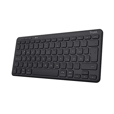 Abbildung von Trust Lyra Kompakte Bluetooth Tastatur, QWERTZ Layout, 85% Recyclingkunststoff, Multi Device Funktastatur, Wiederaufladbare Tastatur Kabellos für PC, Laptop, Mac, iPad, Android, iOS Schwarz