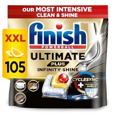 Abbildung von Finish Ultimate Plus Infinity Shine Citrus Spülmaschinentabs Geschirrspültabs für intensive Reinigung, Fettlösekraft und Glanz mit Schutzschild 105 Caps, Tablette, Zitrone