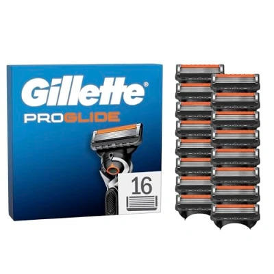 Abbildung von Gillette Fusion5 Proglide 16 Ersatzklingen mit 2x Gleitstreifen vor und nach den Klingen neuer EverGlide für unglaubliche Gründlichkeit Komfort