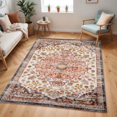 Abbildung von Surya Bray Vintage Teppich Wohnzimmer, Esszimmer, Flur, Rugs Living Room Boho Orientalisch Style, Kurzflor Carpet Bunter Weiß, 160x213cm
