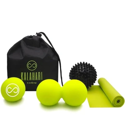 Abbildung von KALAHARI Massageball SET Duoball, Igelball, Faszienball plus Fitnessband zur Selbstmassage und Faszientraining. Praktische Taschen E Book Übungen auf Deutsch